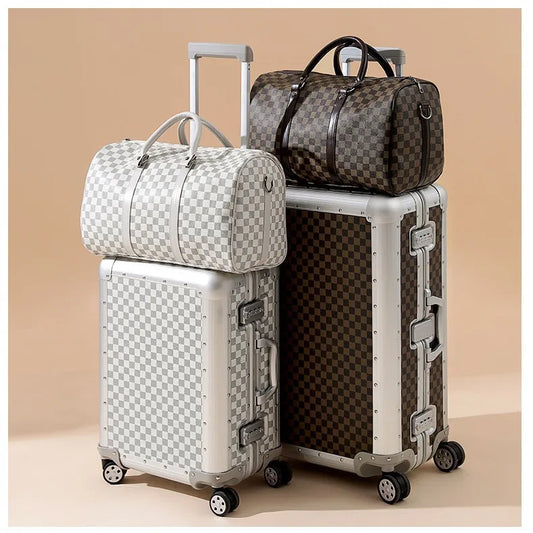 Luxury Checkerboard Metallic Design Aluminum Luggage Set for Business & Leisure Travel 20" Carry-On Suitcase