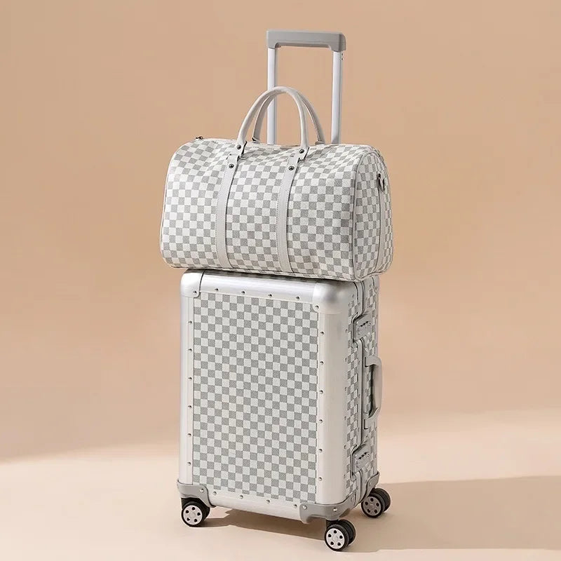 Luxury Checkerboard Metallic Design Aluminum Luggage Set for Business & Leisure Travel 20" Carry-On Suitcase