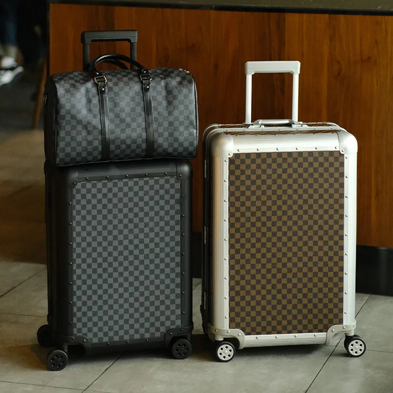 Luxury Checkerboard Metallic Design Aluminum Luggage Set for Business & Leisure Travel 20" Carry-On Suitcase